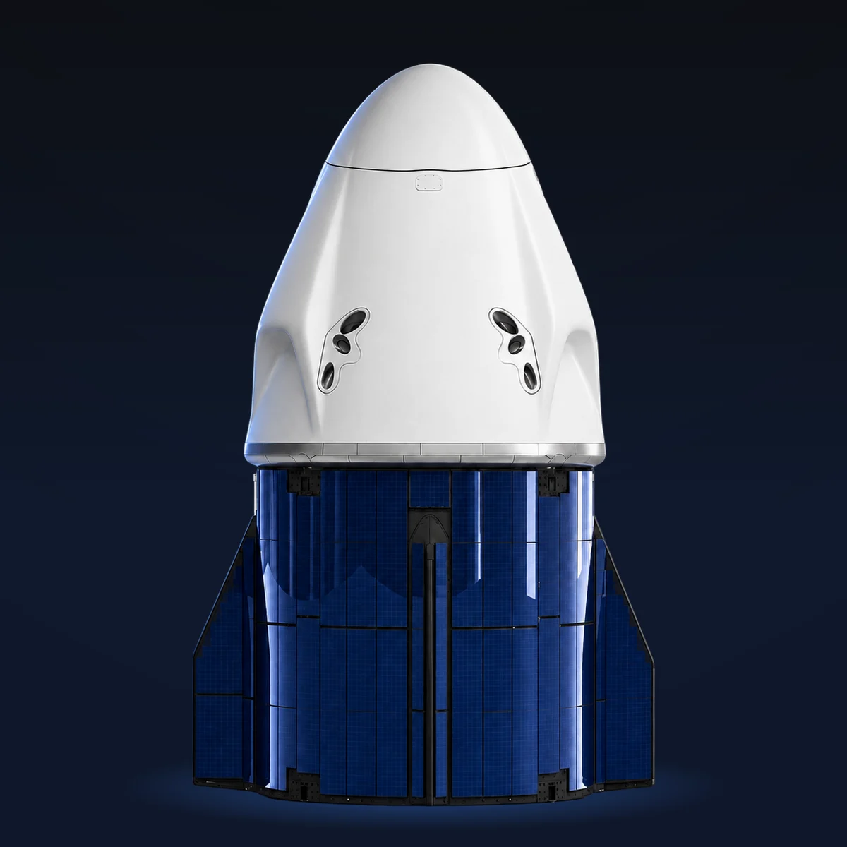真横から見た Crew Dragon の写実的なイメージ。ノーズコーンを閉じた白いカプセルに SuperDraco の噴射口、下に濃紺の太陽電池に覆われたトランクとフィン